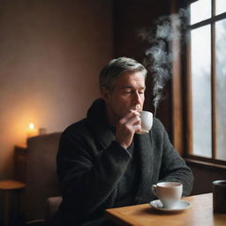 A serene, introspective man leisurely sipping a hot cup of tea. He is seated in a cozy, warmly-lit environment, with steam lazily rising from the cup.