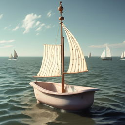 An imaginative vessel, a vintage porcelain bathtub transformed into a mini sailboat, cruising the calm sea with whimsical sails.