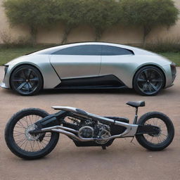 A futuristic car in the midst of a stunning transformation, splitting into two separate bikes.