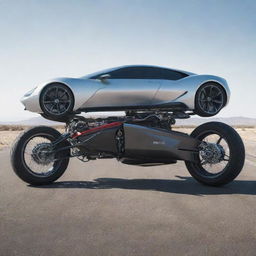 A futuristic car in the midst of a stunning transformation, splitting into two separate bikes.