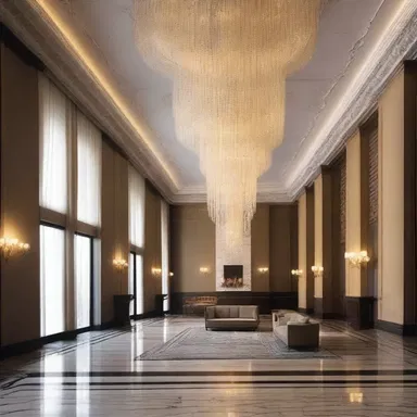 The grandiose chandeliers hanging from the ceilings added a touch of luxury and elegance to the hotel's interior design, evoking a sense of plight.