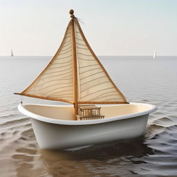 An imaginative vessel, a vintage porcelain bathtub transformed into a mini sailboat, cruising the calm sea with whimsical sails.