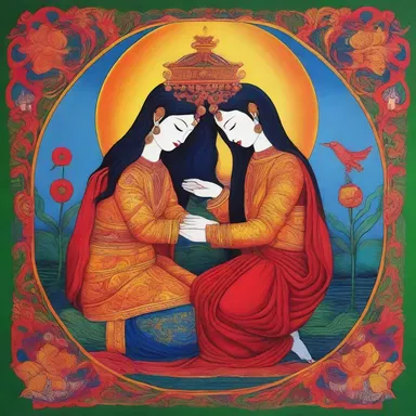 The artist used vibrant colors to depict a mythical creature plighting a human in marriage, creating a stunning visual representation of love and commitment.