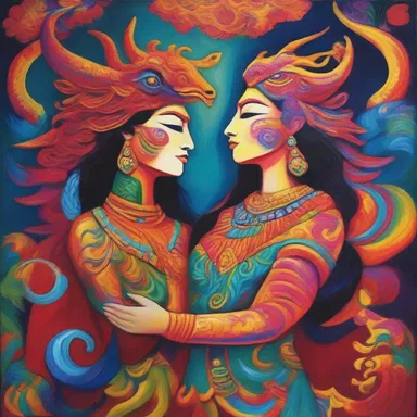 The artist used vibrant colors to depict a mythical creature plighting a human in marriage, creating a stunning visual representation of love and commitment.