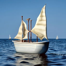 An imaginative vessel, a vintage porcelain bathtub transformed into a mini sailboat, cruising the calm sea with whimsical sails.