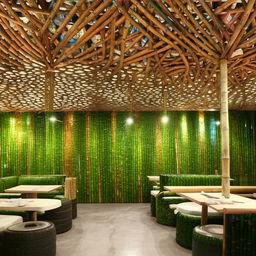 Eco-friendly restaurant transformation with bamboo structures, recycled bottle walls, and tire furniture, emphasizing sustainability and uniqueness.