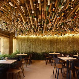 Eco-friendly restaurant transformation with bamboo structures, recycled bottle walls, and tire furniture, emphasizing sustainability and uniqueness.