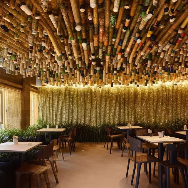 Eco-friendly restaurant transformation with bamboo structures, recycled bottle walls, and tire furniture, emphasizing sustainability and uniqueness.