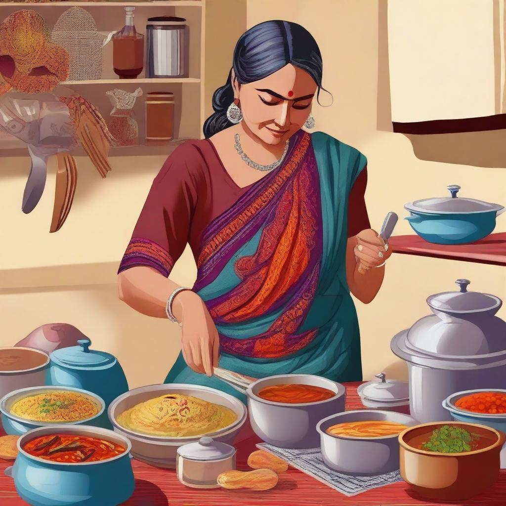 A high-quality digital art image of an Indian woman, with mature features, working diligently in a kitchen