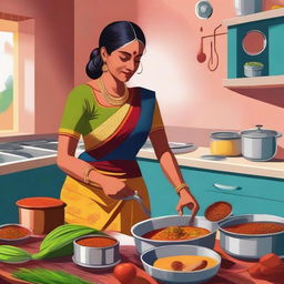 A high-quality digital art image of an Indian woman, with mature features, working diligently in a kitchen