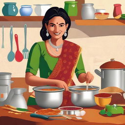 A high-quality digital art image of an Indian woman, with mature features, working diligently in a kitchen