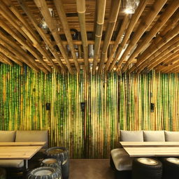 Eco-friendly restaurant transformation with bamboo structures, recycled bottle walls, and tire furniture, emphasizing sustainability and uniqueness.