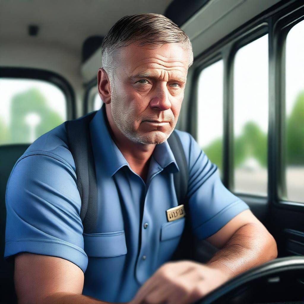 A hyper-realistic digital art of a gallant man serving as a bus driver