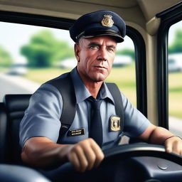 A hyper-realistic digital art of a gallant man serving as a bus driver