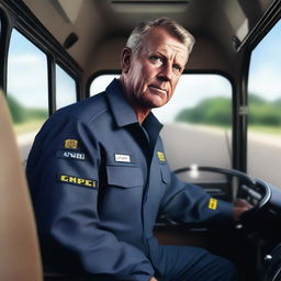 A hyper-realistic digital art of a gallant man serving as a bus driver