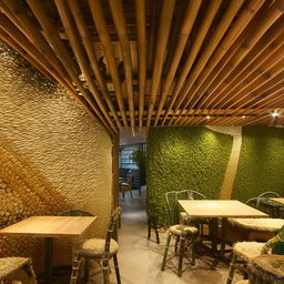 Eco-friendly restaurant transformation with bamboo structures, recycled bottle walls, and tire furniture, emphasizing sustainability and uniqueness.