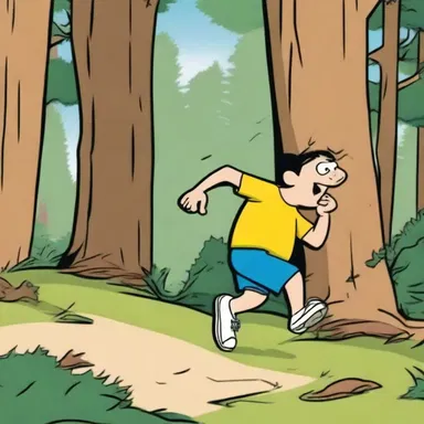 In the cartoon, the character accidentally butts against a tree while running in the forest.