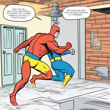 In the comic strip, the superhero butts against a wall during a high-speed chase.