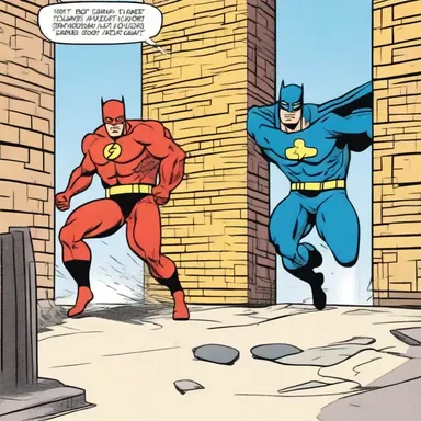 In the comic strip, the superhero butts against a wall during a high-speed chase.