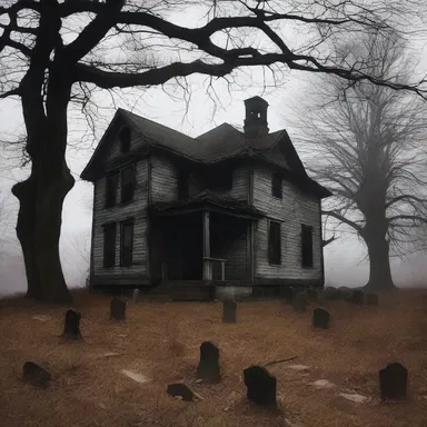 The old haunted house butted against the graveyard, creating an eerie atmosphere.