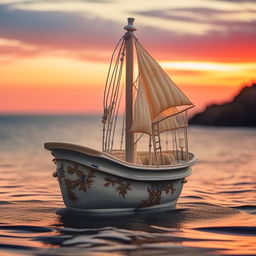 Vintage porcelain bathtub creatively retrofitted as a mini sailboat, with detailed sails, on a peaceful ocean at dusk, whimsical vibes.