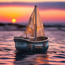 Vintage porcelain bathtub creatively retrofitted as a mini sailboat, with detailed sails, on a peaceful ocean at dusk, whimsical vibes.