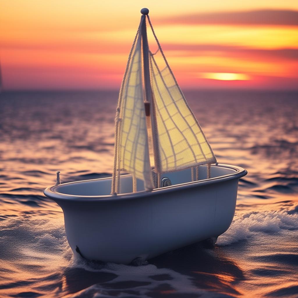 Vintage porcelain bathtub creatively retrofitted as a mini sailboat, with detailed sails, on a peaceful ocean at dusk, whimsical vibes.