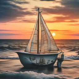 Vintage porcelain bathtub creatively retrofitted as a mini sailboat, with detailed sails, on a peaceful ocean at dusk, whimsical vibes.