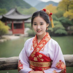 A beautiful and cute young Chinese girl dressed in traditional clothing, surrounded by a scenic Chinese environment.