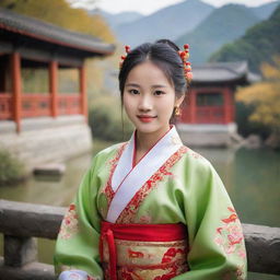 A beautiful and cute young Chinese girl dressed in traditional clothing, surrounded by a scenic Chinese environment.