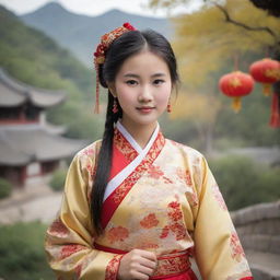 A beautiful and cute young Chinese girl dressed in traditional clothing, surrounded by a scenic Chinese environment.