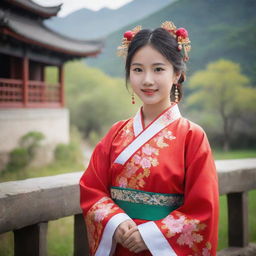 A beautiful and cute young Chinese girl dressed in traditional clothing, surrounded by a scenic Chinese environment.