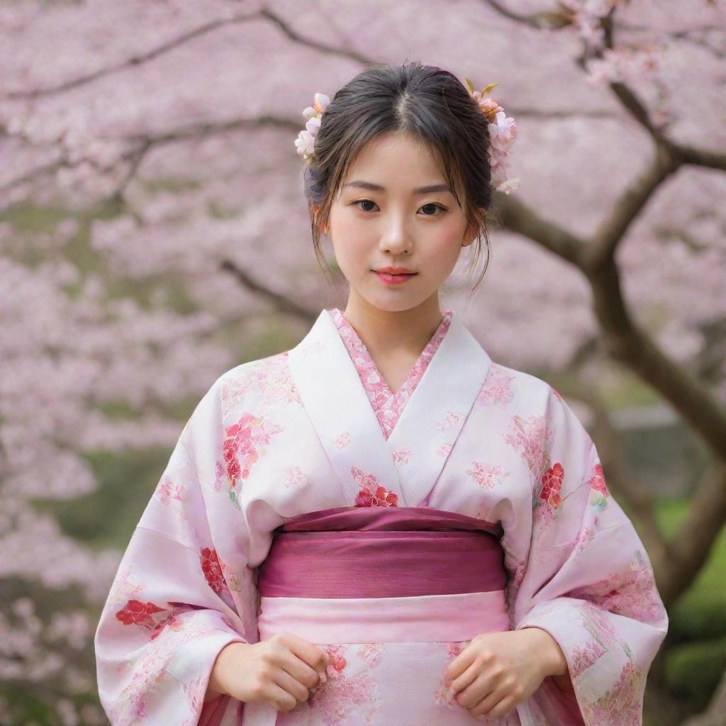 A beautiful and cute young Japanese girl dressed in a traditional kimono, standing in a serene Japanese garden with cherry blossoms.