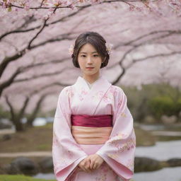 A beautiful and cute young Japanese girl dressed in a traditional kimono, standing in a serene Japanese garden with cherry blossoms.