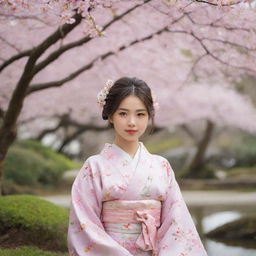 A beautiful and cute young Japanese girl dressed in a traditional kimono, standing in a serene Japanese garden with cherry blossoms.