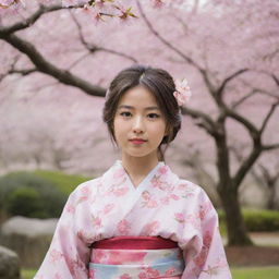 A beautiful and cute young Japanese girl dressed in a traditional kimono, standing in a serene Japanese garden with cherry blossoms.