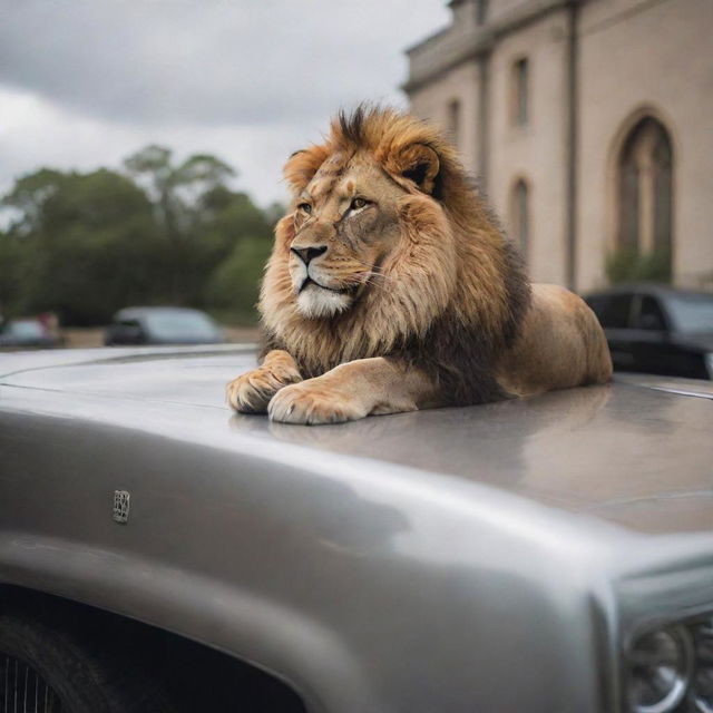 A majestic lion resting atop a gleaming Rolls-Royce car, conveying a sense of power and luxury