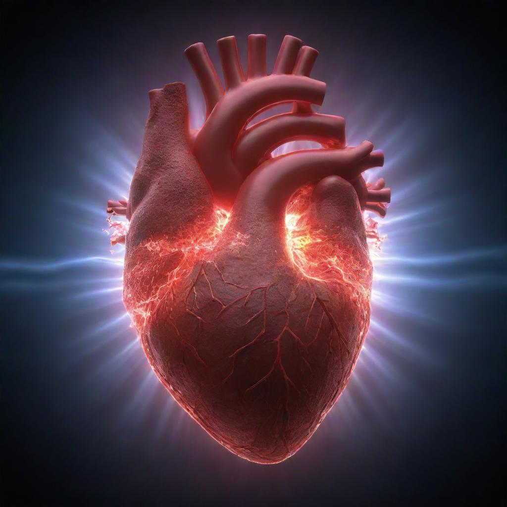 A powerful visualization of a human heart radiating waves of energy. The heart should look realistic and the energy waves should be a glowing, pulsating light.