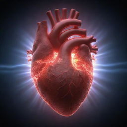 A powerful visualization of a human heart radiating waves of energy. The heart should look realistic and the energy waves should be a glowing, pulsating light.