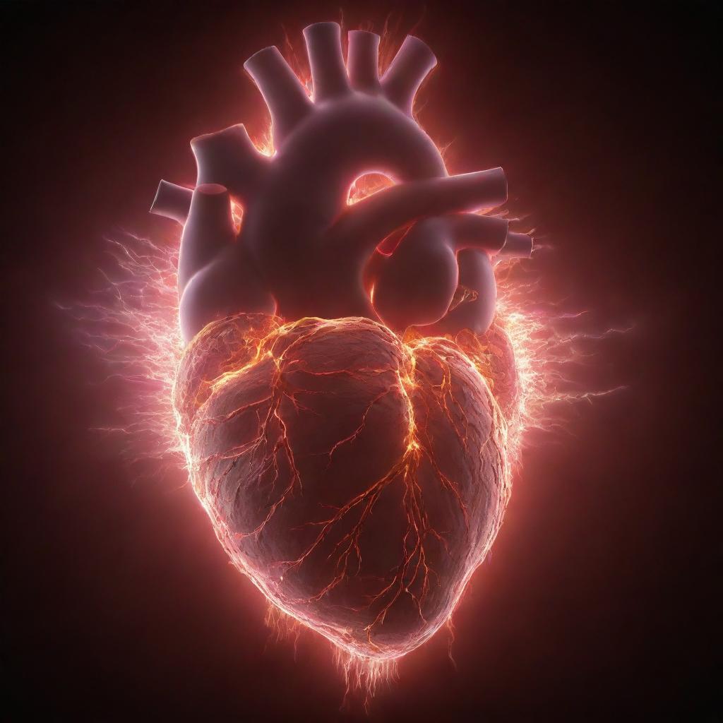 A powerful visualization of a human heart radiating waves of energy. The heart should look realistic and the energy waves should be a glowing, pulsating light.