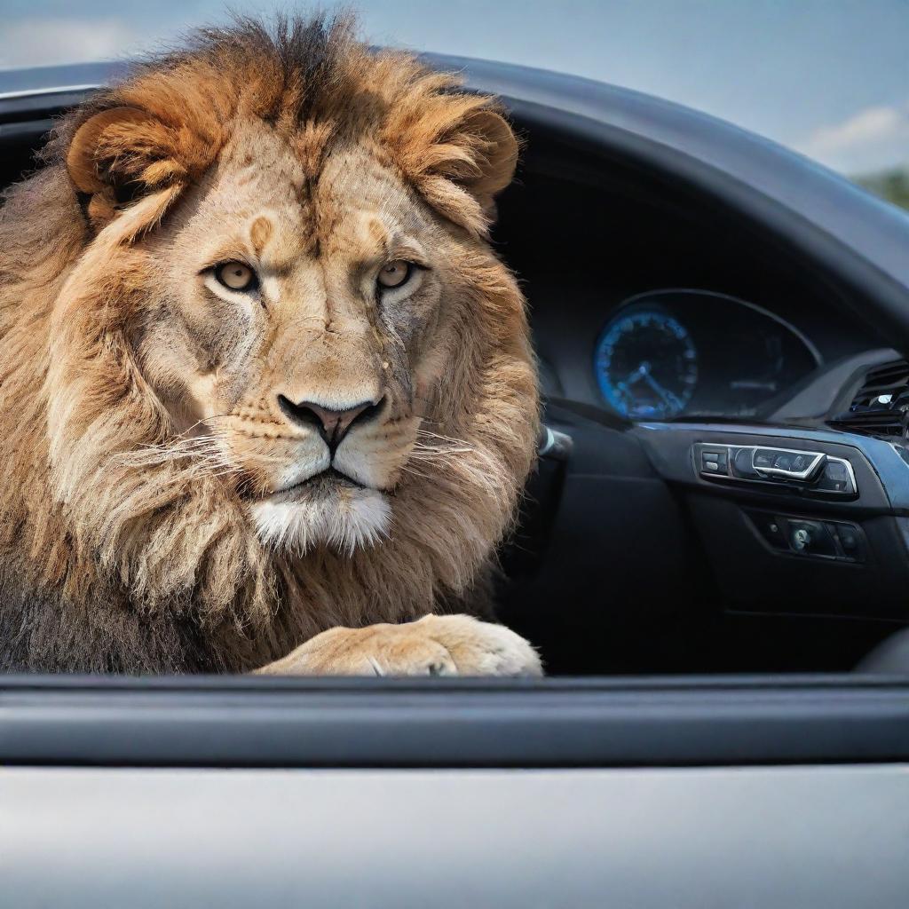 A majestic lion behind the wheel of a sleek BMW, capturing an unusual scene of dominance and high-end technology