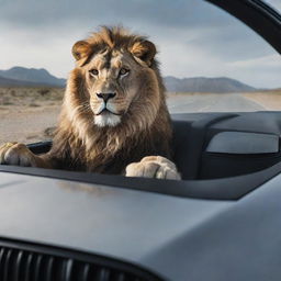 A majestic lion behind the wheel of a sleek BMW, capturing an unusual scene of dominance and high-end technology