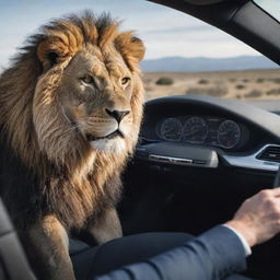 A majestic lion behind the wheel of a sleek BMW, capturing an unusual scene of dominance and high-end technology