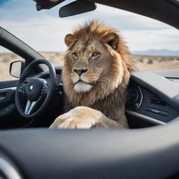 A majestic lion behind the wheel of a sleek BMW, capturing an unusual scene of dominance and high-end technology