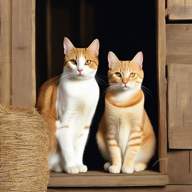 A high-quality digital art image captures two cats in a rustic barn setting