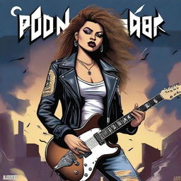 A digital art image in a high-quality, detailed style, featuring a woman with a rocker aesthetic