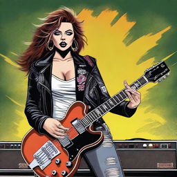 A digital art image in a high-quality, detailed style, featuring a woman with a rocker aesthetic