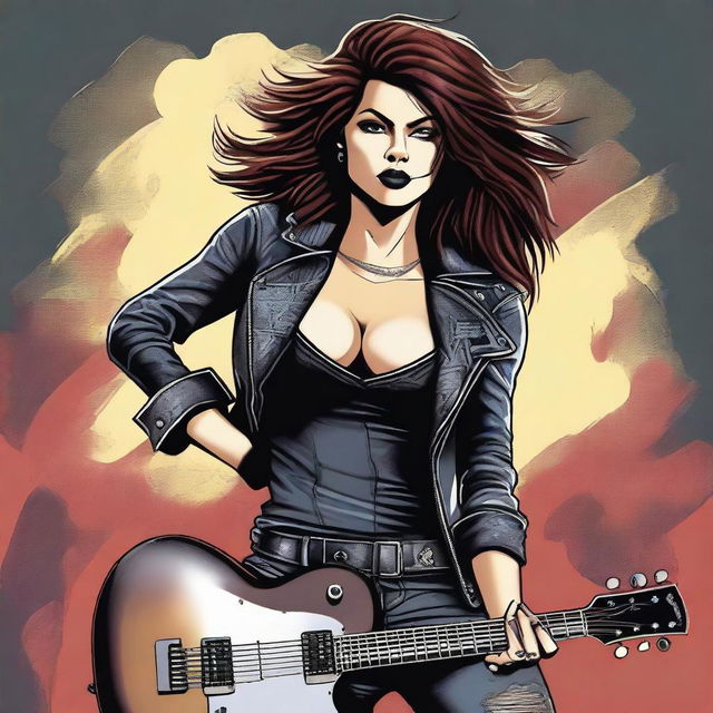 A digital art image in a high-quality, detailed style, featuring a woman with a rocker aesthetic