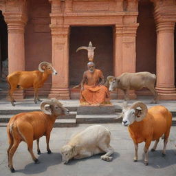 Various respectful animals congregated in the sacred Ram Mandir, in a state of devotion, signifying unity and profound reverence.