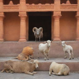 Various respectful animals congregated in the sacred Ram Mandir, in a state of devotion, signifying unity and profound reverence.